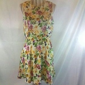 Forever 21 White w/ Floral Print Open Back Elastic Waist Lined Dress Size Large